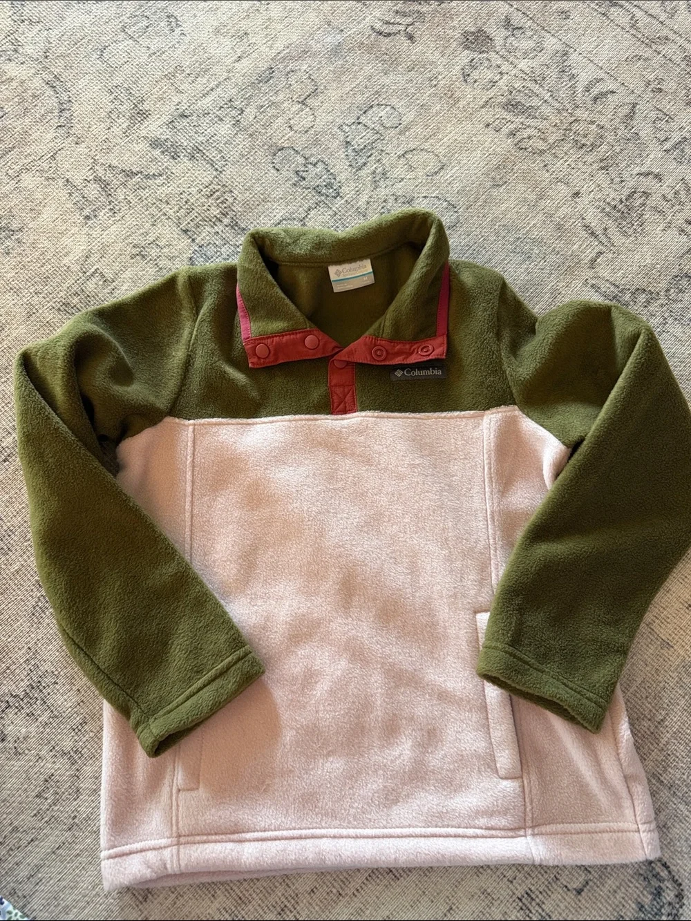 Columbia Kids Olive Green, Cream & Red Snap Fleece Pullover